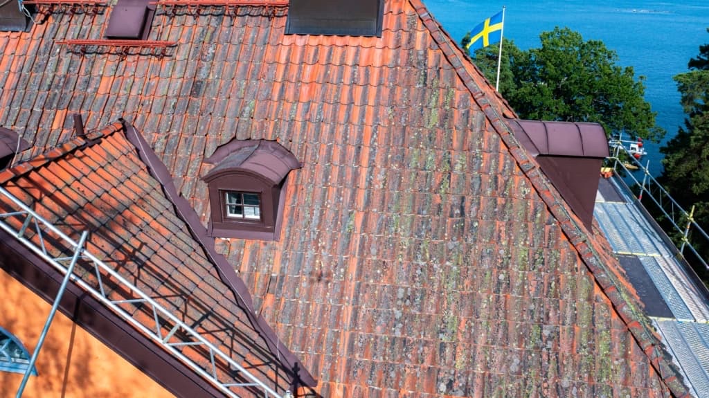 Gammalt mossbevuxet tegeltak med byggnadsställning