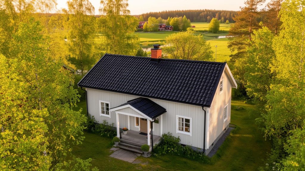 Vitt trähus med svart tak i grönskande landskap