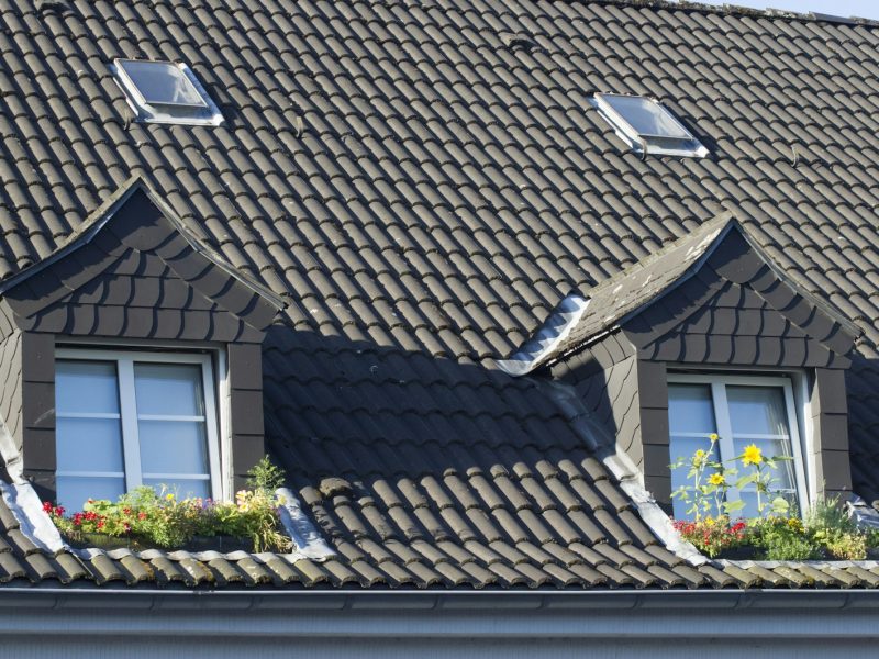 Tak med mörkgrå takpannor, takkupor och takfönster